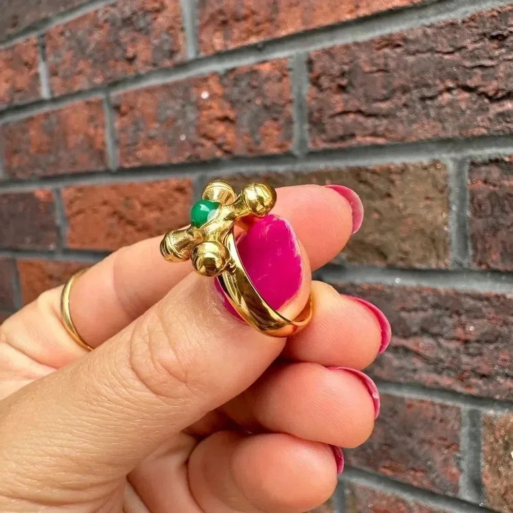 Anthropologie Taya Green Onyx 18K Gold Stainless Steel Waterproof 7 size Ring